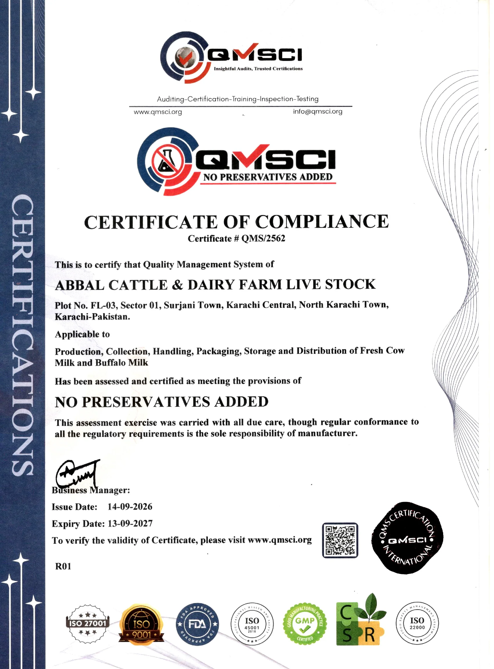 Preservative No Added Certificate